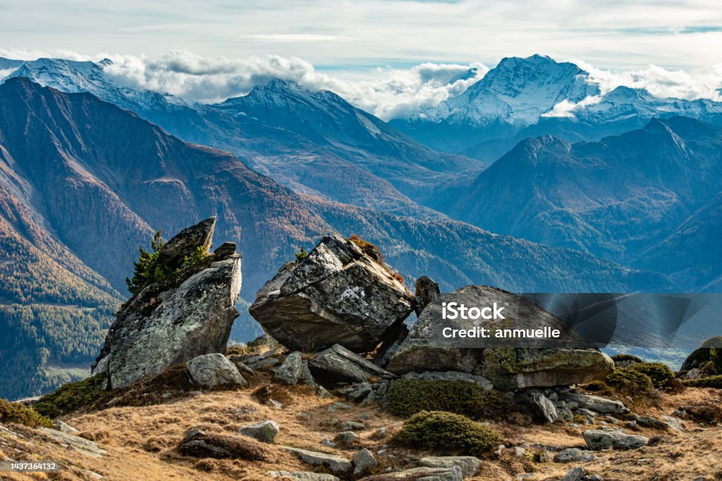 Mountain landscape Panoramic views of Aletschgebiet - Aletsch Arena, Wallis Switzerland Aletsch Glacier Stock Photo