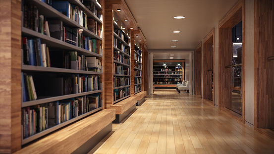 Interior of a large modern library with bookshelves.