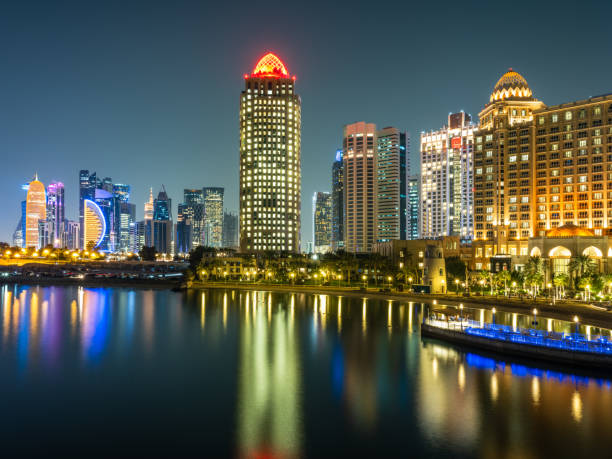 istock Doha city buildings illuminated in colourful lights 1437367318