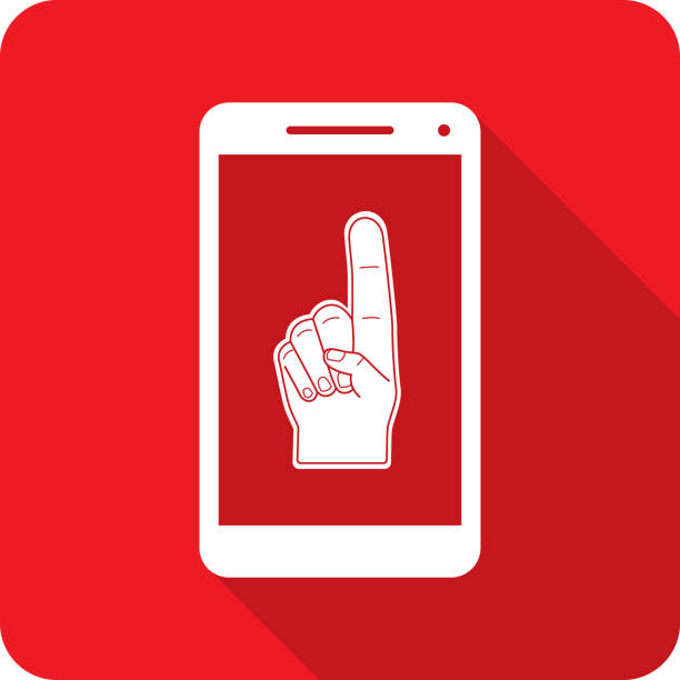 Foam Finger Smartphone Icon Silhouette Vector illustration of a smartphone with foam finger hand icon against a red background in flat style. pep rally stock illustrations