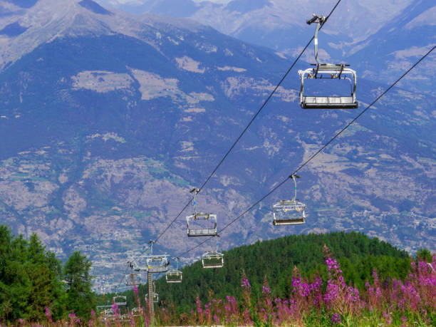 Pila-Chamole Chairlift View of the Pila-Chamole chairlift in the Aosta Valley, north Italy pila stock pictures, royalty-free photos & images