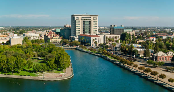 Aerial Shot of McLeod Lake and Government Buildings in Downtown Stockton, California Aerial shot of Stockton, California on a sunny day in autumn. Built during the gold rush, Stockton is a major city in the San Joaquin Valley. 

Authorization was obtained from the FAA for this operation in restricted airspace. stockton california stock pictures, royalty-free photos & images