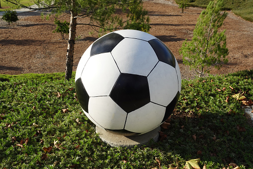A close-up of a red mini toy cricket ball and a yellow foam football on a grass background.
