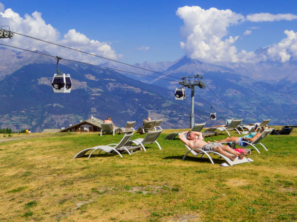 Aosta-Pila Cable Car Aosta, Italy - August 4, 2022: View of the Aosta-Pila cable car. pila stock pictures, royalty-free photos & images