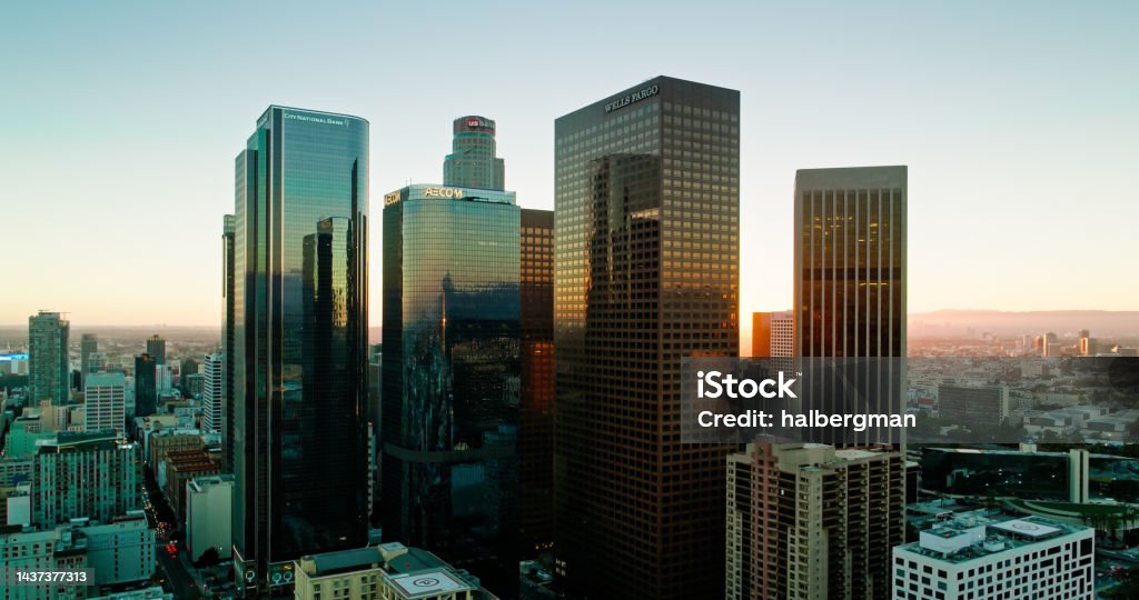 Aerial View of Bunker Hill Skyline in Downtown Los Angeles, California at Sunset Aerial shot of the financial district  Downtown Los Angeles (DTLA) at sunset. Skyscraper Stock Photo