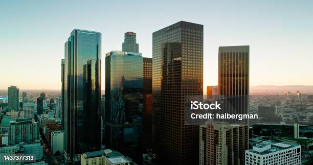 Aerial View Of Bunker Hill Skyline In Downtown Los Angeles California At Sunset Stock Photo - Download Image Now
