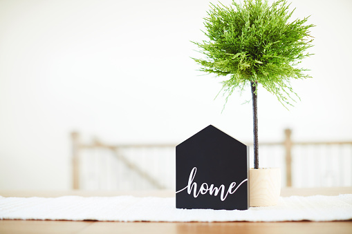 Dining room table with home sign and miniature fern tree in a bright modern home setting. Shot with space for copy