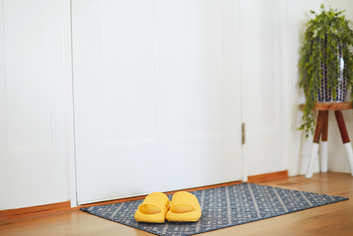 Front door with doormat and yellow indoor sandals in a bright modern home setting.