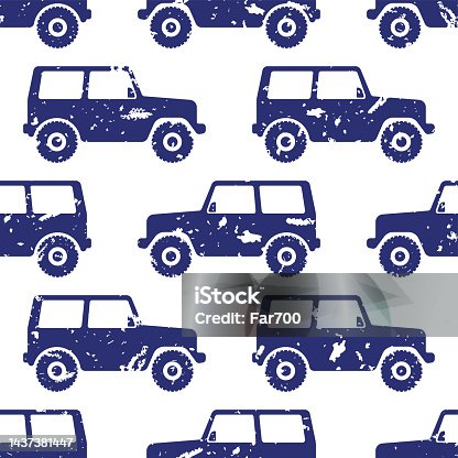 istock Small blue SUVs isolated on white background. Side view. Cute monochrome automotive seamless pattern. Vector simple flat graphic illustration. Texture. 1437381447