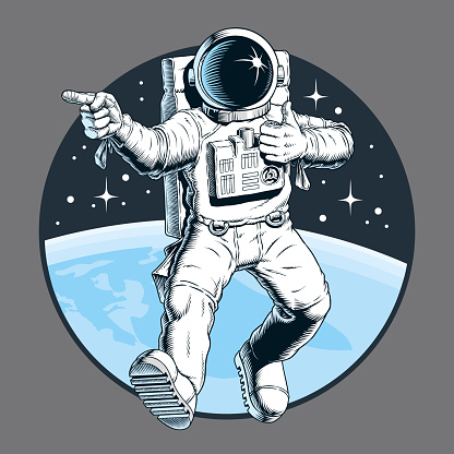 Astronaut in space pointing and showing thumb up gesture. Positive thinking or success concept. Vector illustration.