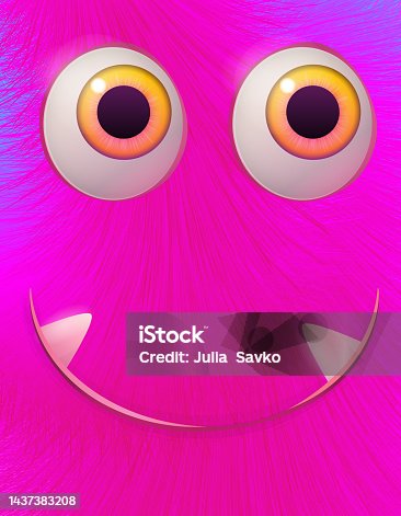 istock Happy cool cartoon monster. Design for postcards, posters, covers. 3D Pink fluffy monster character. Vector illustration 1437383208