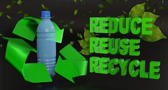 A 3D Rendering of a plastic water bottle surrounded by the recycle symbol.