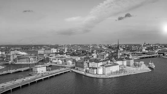Stockholm old town city skyline, cityscape of Sweden at sunset in black and white