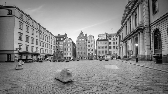 Stockholm old town city skyline, cityscape of Sweden at sunset in black and white