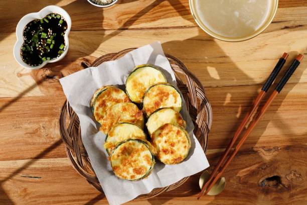 Hobak Jeon or Pan Fried Zucchini stock photo