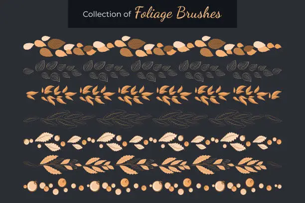 Vector illustration of Set with 7 various elegant foliage vector brushes. Vector set of brushes for any design in Adobe illustrator. Leaves and berries.