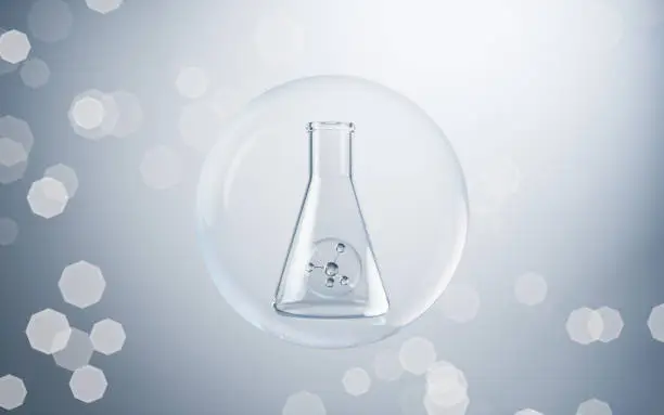 Photo of Conical flask with blue background, 3d rendering.