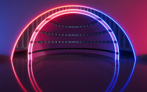 istock Dark room with glowing neon lines, 3d rendering. 1437398281