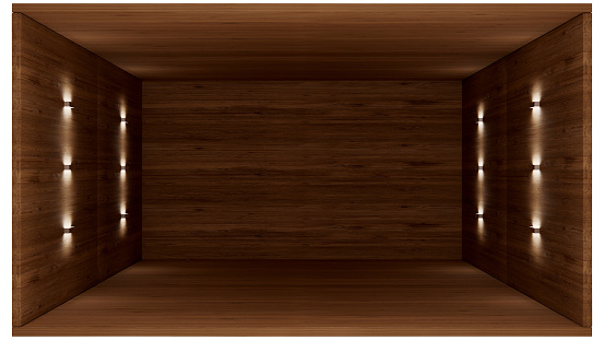 3D Illustration of wood room with front opening and isolated with clipping path.