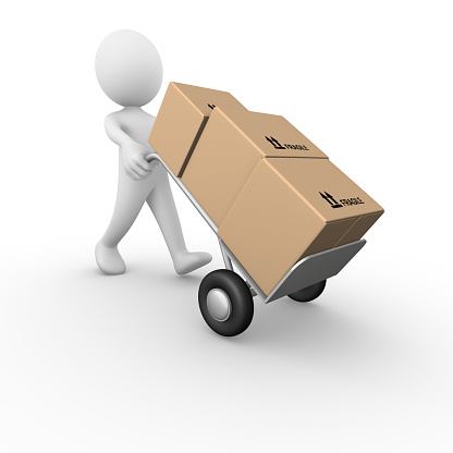 illustration of a 3d human driving a delivery trolley with 3 boxes