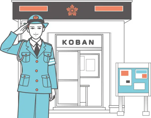 Vector illustration of A female police officer salutes in front of a police box.