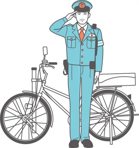 Vector illustration of A male Japanese police officer salutes in front of a bicycle.