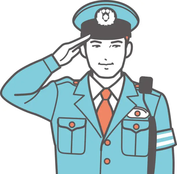 Vector illustration of A male Japanese police officer salutes.