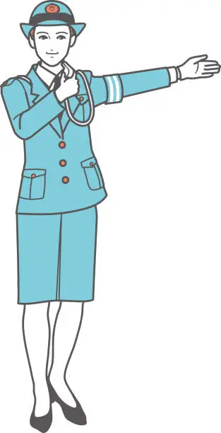 Vector illustration of Female police officer directing traffic, full-length portrait.