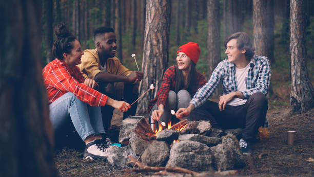 istock Hungry travelers are cooking marshmallow on fire and eating it from sticks during conversation around campfire, people are talking and laughing enjoying sweet food. 1437409351