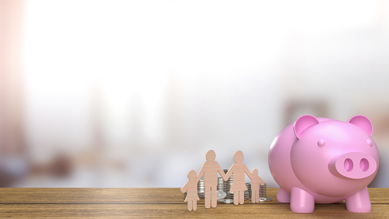 pink piggy bank and family wood cut on wood table 3d rendering
