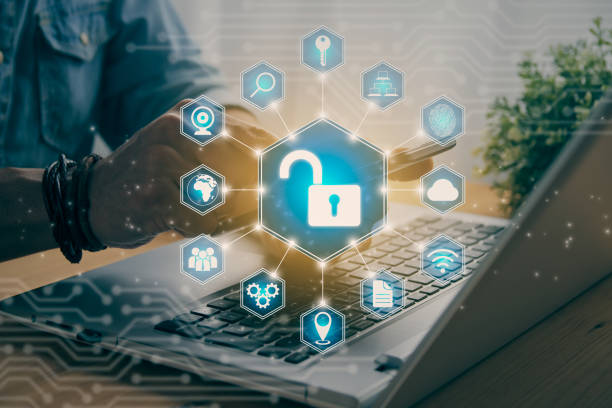 istock Casual Businessman Hand Touching Mobile Phone and Blue Hexagonal Unlock Security Sign in Vintage Tone 1437415710