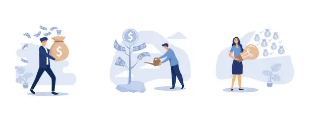 Vector illustration of Flat young smiley businessman carrying full money bag, a businessman is watering a money tree, saving energy and money concept, set flat vector modern illustration