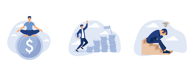 smart businessman meditate and floating on big golden money dollar coin, begin savings to achieve financial goal, frustration or depressed, set flat vector modern illustration