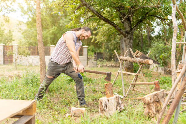 istock Man chopping wood with an axe outdoors 1437420771