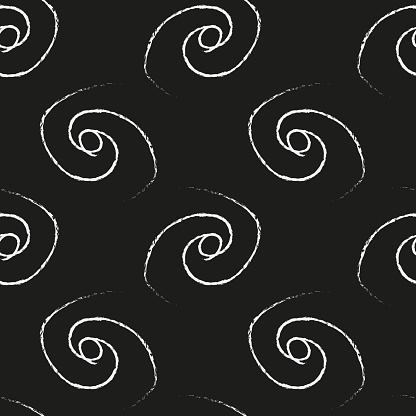 Doodle cosmic seamless pattern in childish style. Hand drawn abstract spiral universe. Black and white. Vector line print, design, banner, poster.