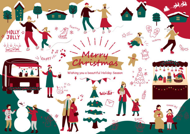 set-illustration von weihnachtsikonen und menschen, die den weihnachtsmarkt genießen - weihnachtsmarkt stock-grafiken, -clipart, -cartoons und -symbole