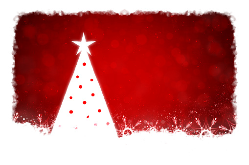 istock Glittery Christmas horizontal red backgrounds with a white coloured dotted triangle shape tree with star at top and snowflakes and shiny dots at the bottom of bright vibrant maroon backdrop 1437424174