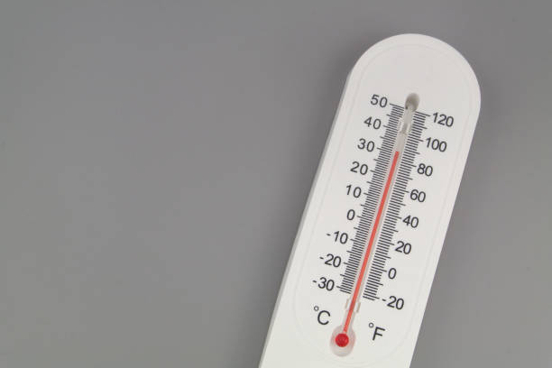 istock Thermometer on gray background with copy space for text. 1437427648