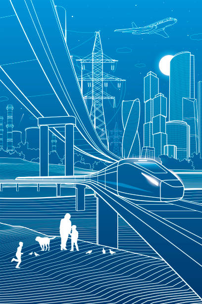 都市のイラストを概説します。鉄道橋。車の高架。電車に乗る。都市のインフラと交通のイメージ。都会の風景。ベクターデザインアート。青い背景に白い線 - locomotive train night vertical点のイラスト素材／クリップアート素材／マンガ素材／アイコン素材