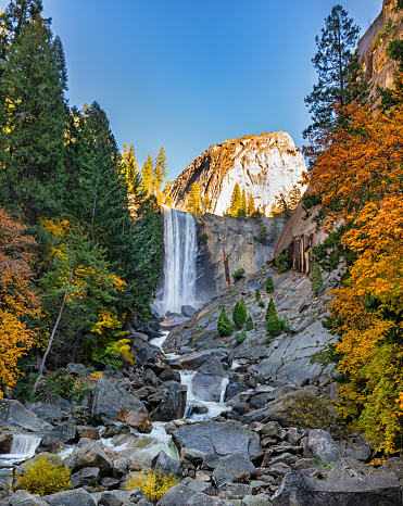 the Vernal Falls waterfall is going strong as the Fall colors are peaking in Yosemite Valley, California.the trail to the waterfall was closed so i had to find my ways through the thick and slippery forest along the river but that was definitely worth it