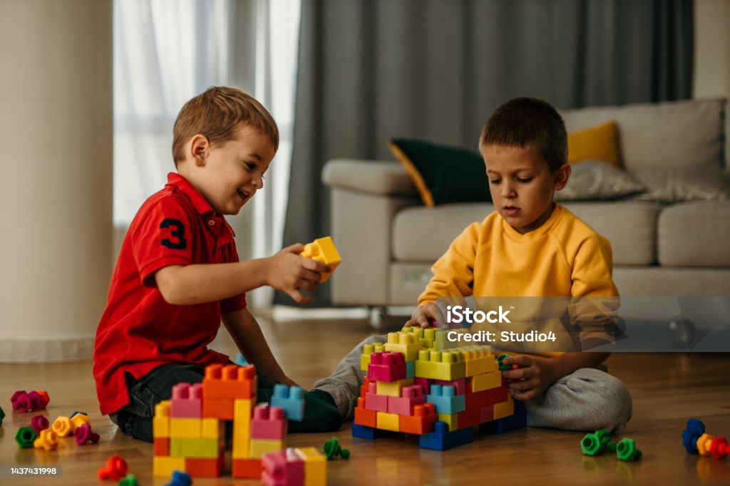 We know how to play together Shot of two young boys playing with building blocks in a room. Boys sitting on the floor and playing with toys alone. 2-3 Years Stock Photo