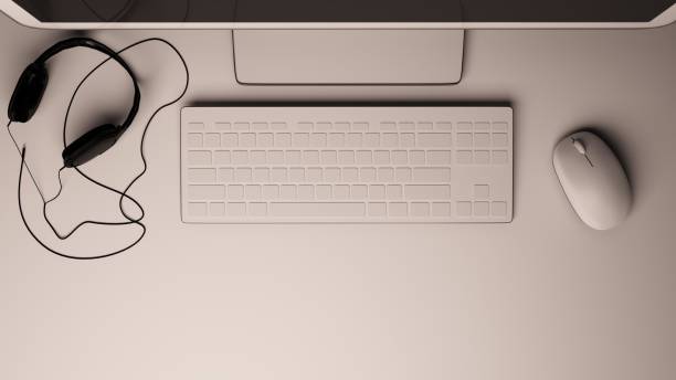 istock Keyboard, compute screen, mouse and headphones from top view, 3D rendering 1437433440