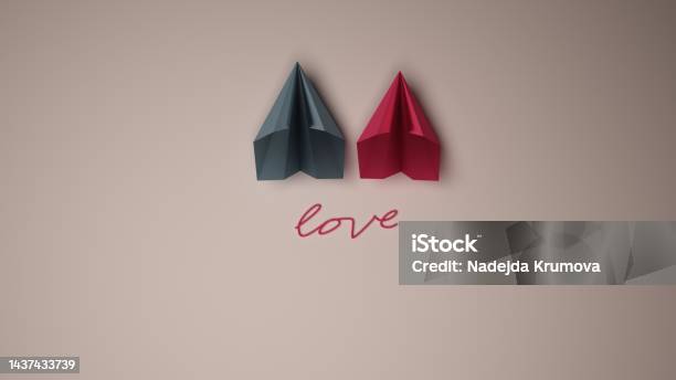 Valentis Day Billboardgreeting Card With Paper Airplane 3d Render On White Background Stock Photo - Download Image Now