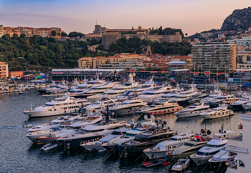 Monte Carlo city panorama. View of luxury yachts and apartments in harbor of Monaco, Cote d'Azur. Principality of Monaco is a sovereign city state, located on the French Riviera in Western Europe.