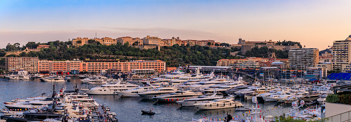 Monte Carlo city panorama. View of luxury yachts and apartments in harbor of Monaco, Cote d'Azur. Principality of Monaco is a sovereign city state, located on the French Riviera in Western Europe.