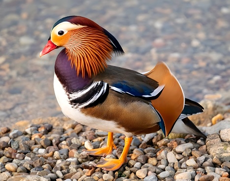Closeup of a male mandarin duck (Aix galericulata) swimming, viewed of profile, with a large reflection in the water