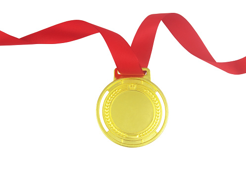 Gold medal with red ribbon isolated on white background.
