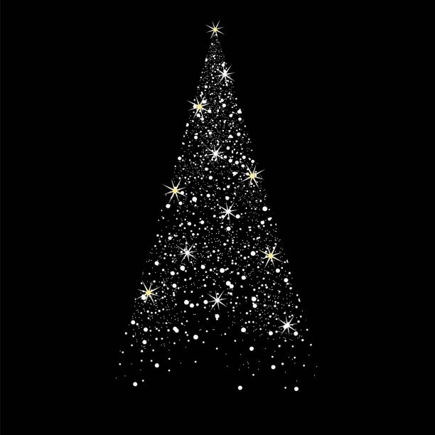 ilustraciones, imágenes clip art, dibujos animados e iconos de stock de árbol de navidad. imagen vectorial aislada sobre fondo negro. cono de nieve. estrellas brillantes - arbol de navidad