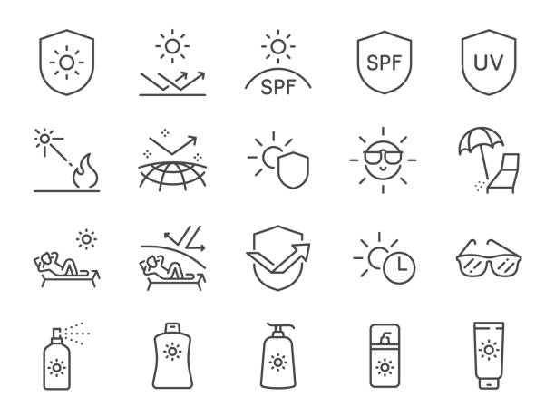 ilustraciones, imágenes clip art, dibujos animados e iconos de stock de conjunto de iconos de protector solar. los iconos incluían protección solar, tomar el sol, gafas de sol, uv, spf y más. - luz ultra violeta