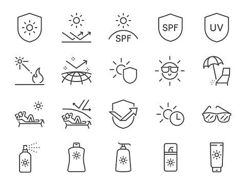 Sunscreen icon set. The icons included sun protection, sunbathing, sunglasses, UV, SPF, and more.